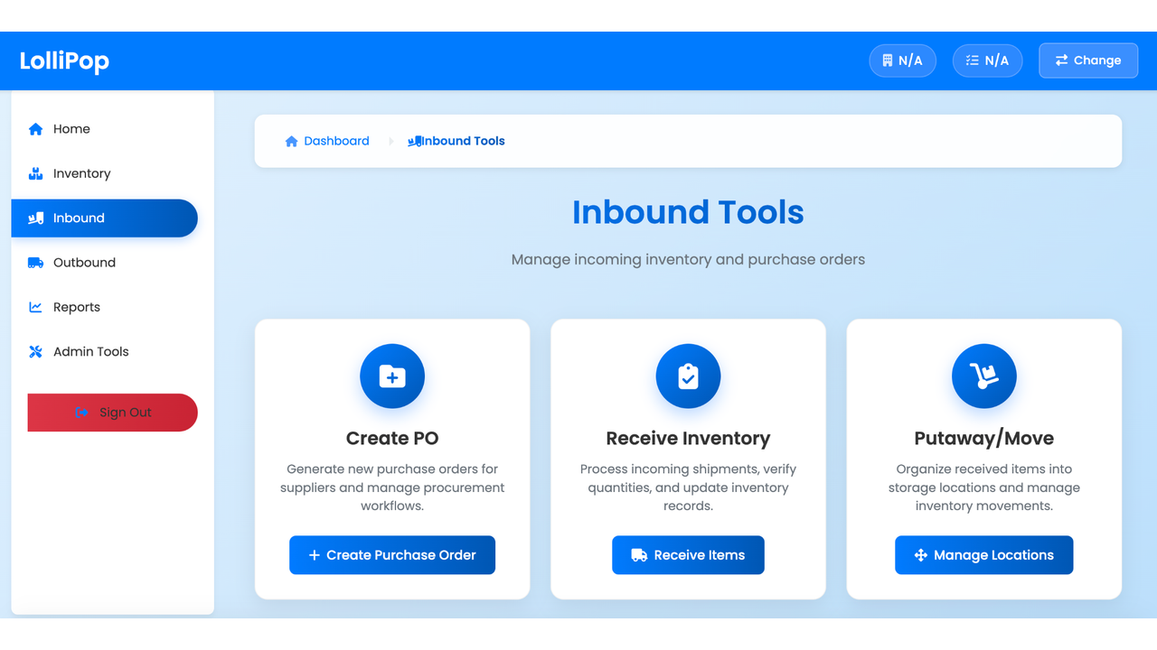 Inbound Tools overview with cards for Create PO, Receive Inventory, and Putaway/Move