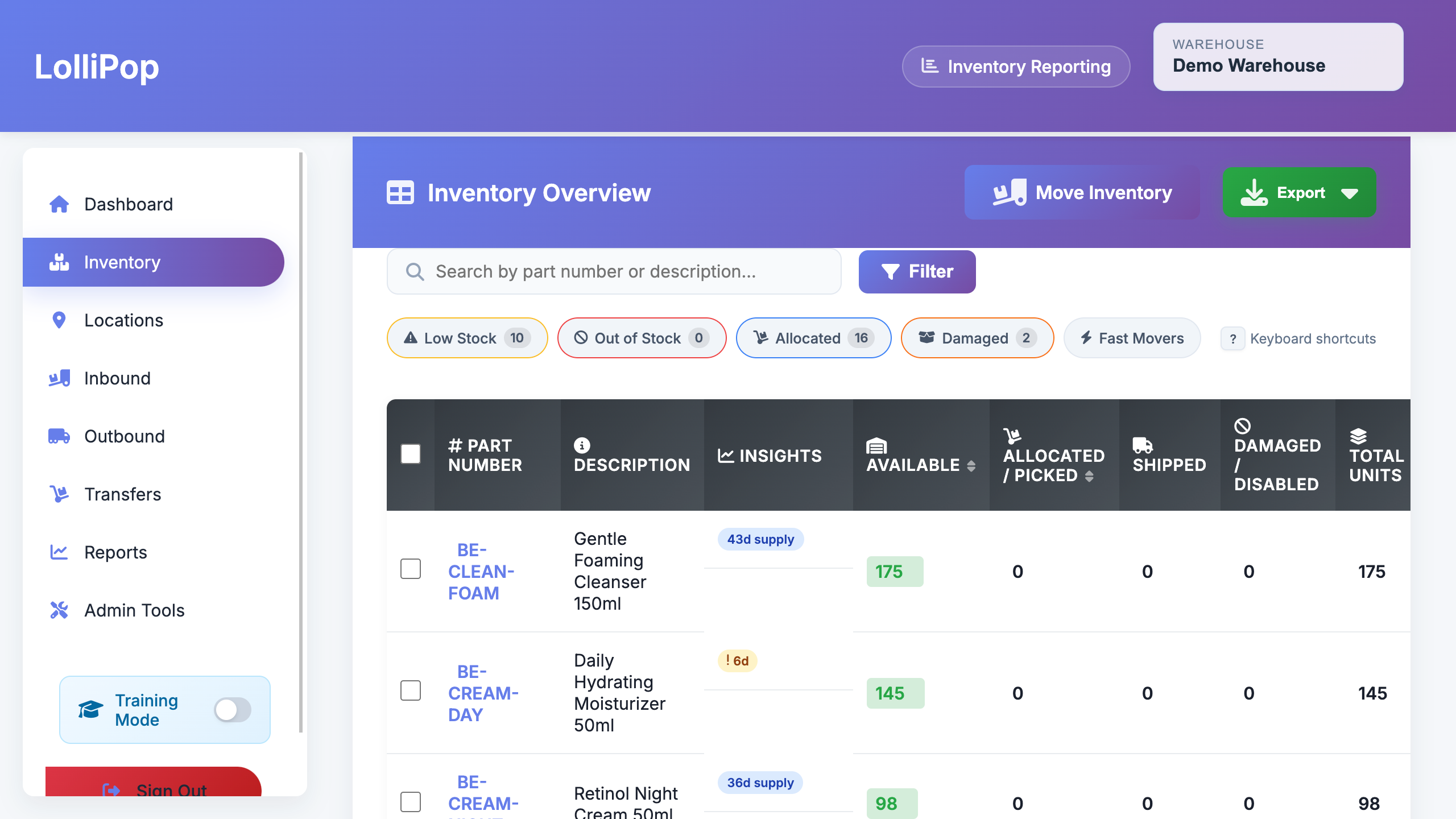 Inventory grid showing SKUs, quantities, and location details