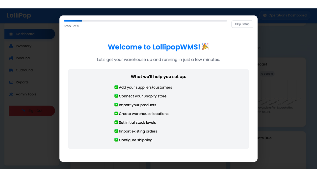 Welcome to LollipopWMS setup wizard with checklist to connect Shopify, import products, configure shipping