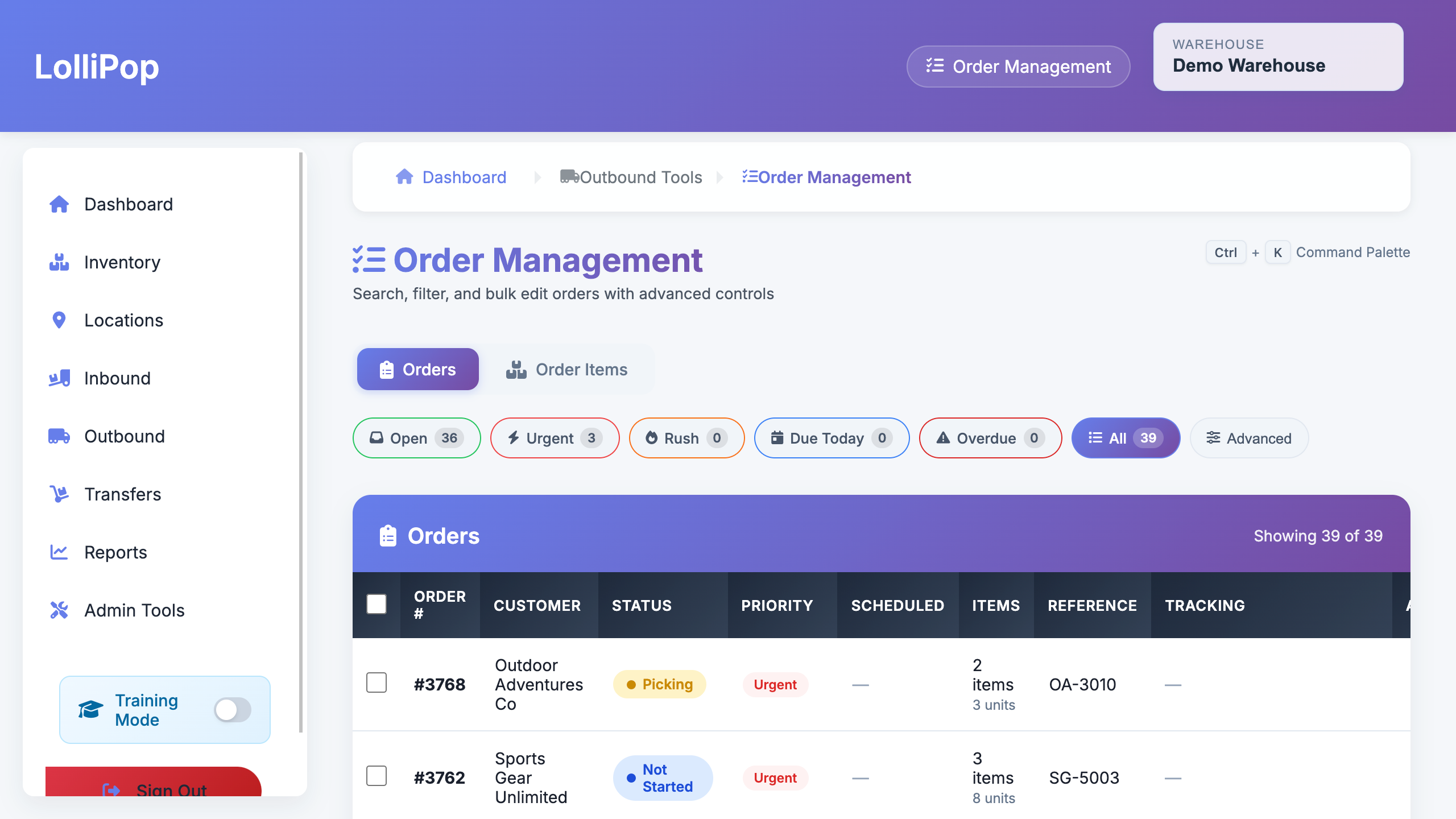 Order management grid with status filters and bulk actions