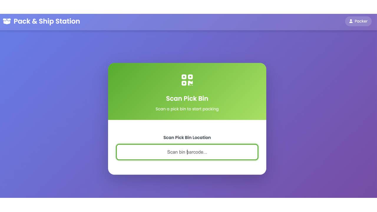 Pack & Ship Station start screen prompting to scan a pick bin barcode