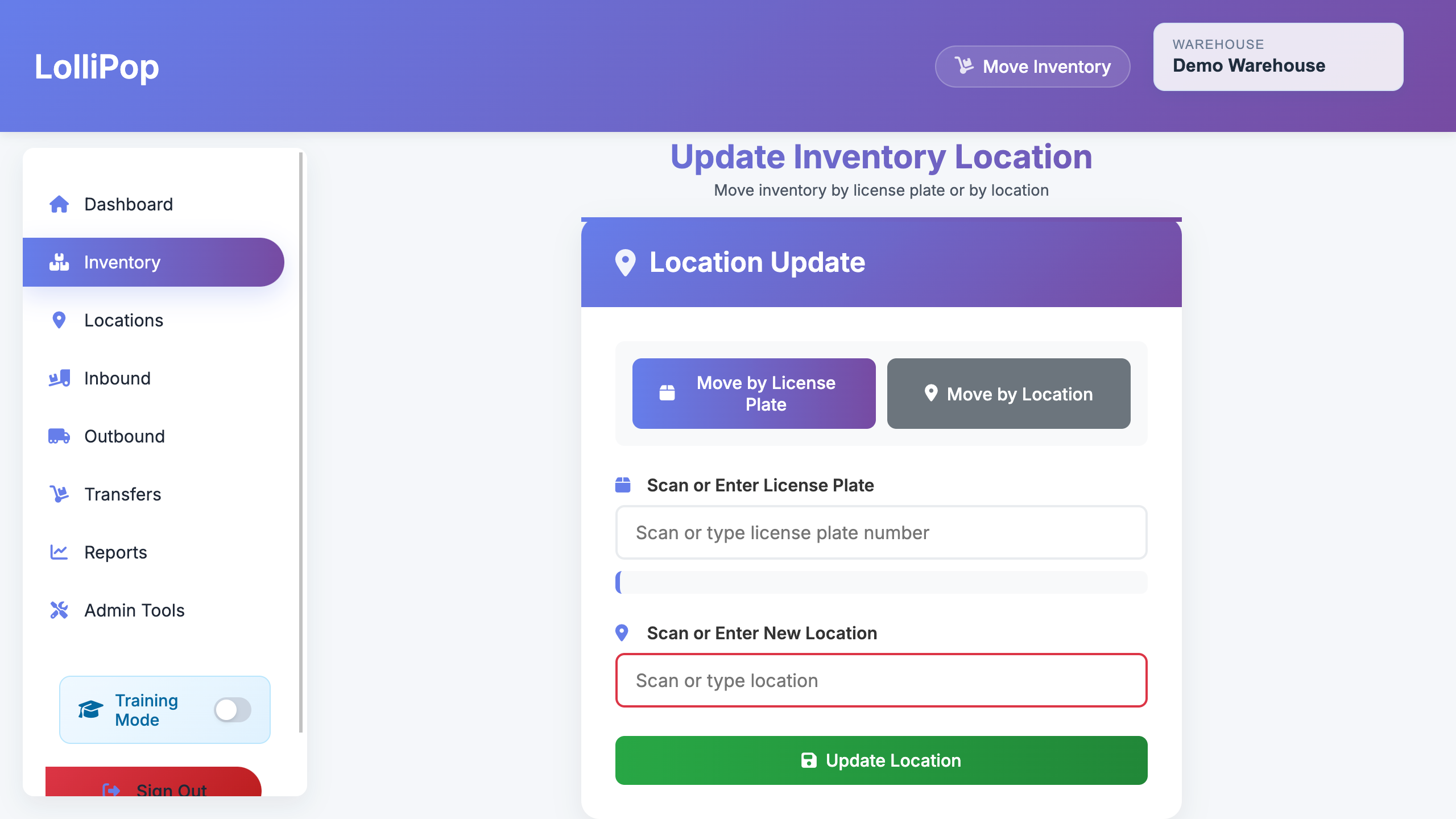 Putaway screen showing suggested location and scan prompt