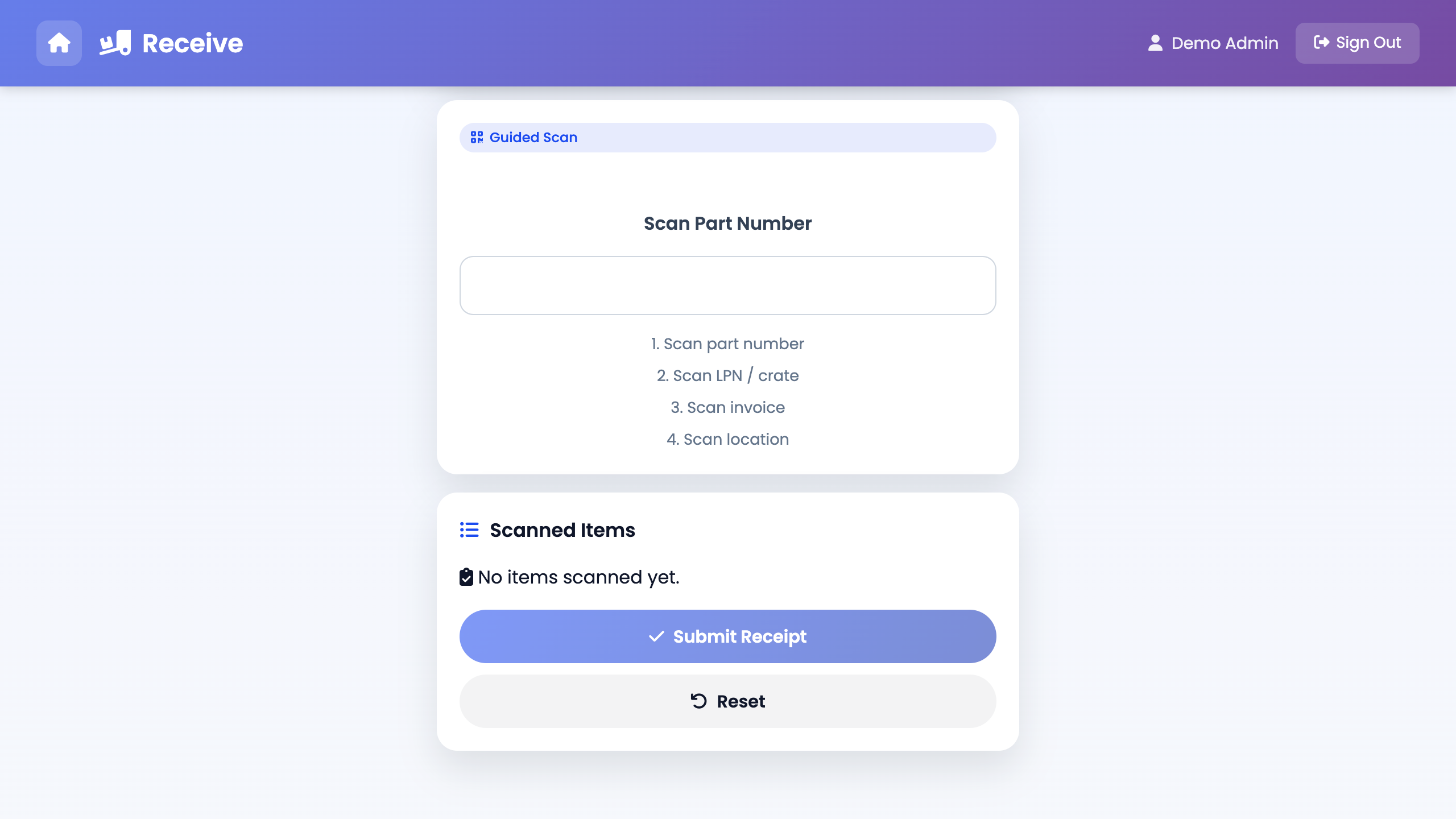 Receiving interface with PO matching and quantity entry